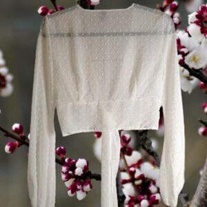 Windsor small open tie back white long sleeve polyester woman's crop top.